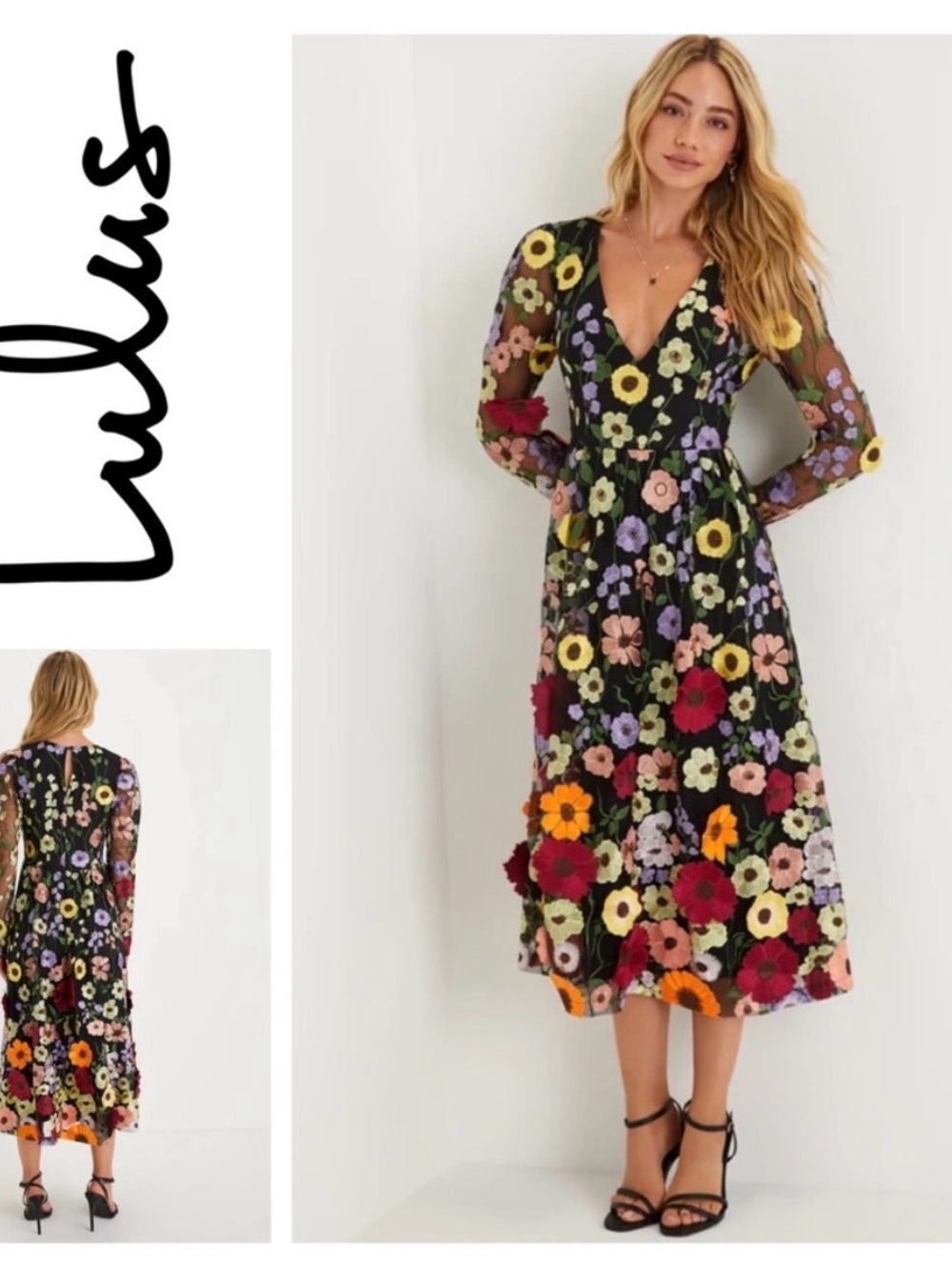 Lulu's Black Floral Embroidered V-Neck Midi Dress